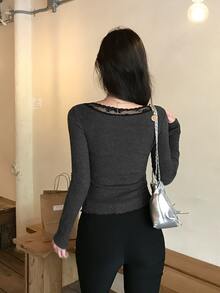 DAZY Women's Lace Patchwork Long Sleeve Fitted Pullover T-Shirt - Black - View 4