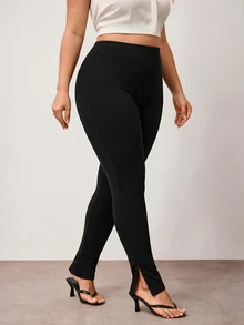 Enliva Legging Kasual Wanita Ukuran Besar Warna Polos, Legging Yoga Pinggang Tinggi, Bentuk Tubuh Apel dan Bulat - Hitam - View 6