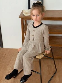 Hapijoa Bộ áo nỉ cài nút gấu bèo nhún và quần cho bé gái - Màu Xám nhạt - Xem 7