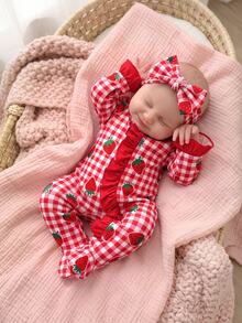 SHEIN Newborn Baby Cute Knitted Casual Cartoon Pattern Romper & Headband Set - Red and White - View 4