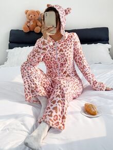 Napfluff Pink Leopard Print Star Pattern Hooded Zip-Up One-Piece Pajamas, Cozy Loungewear For Home - Pink - View 4