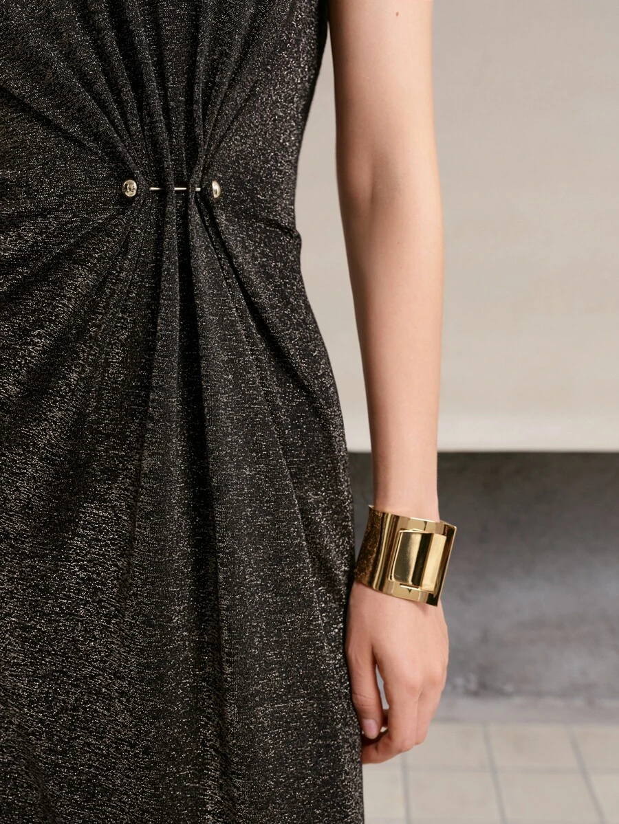 MOTF PREMIUM WOMEN'S SHINY FABRIC SLIM FIT ELEGANT SLEEVELESS MIDI DRESS - Black - View 1