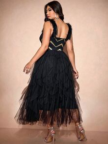 Cravure Plus Size Solid Color Elegant Sleeveless Party Dress With Mesh Splice Maxi Women Outfit - Black - View 2