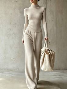 SHEIN Women's Solid Color Half-High Neck Long Sleeve Fitted Sweater And Waist Tie Knit Pants 2 Pieces Set - Apricot - View 4
