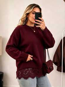 Vionelle Plus Size Women's Solid Color Round Neck Dropped Shoulder Loose Knit Sweater With Lace Hem Splice 2 In 1 Long Sleeve Pullover Winter - Burgundy - View 6