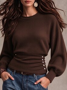 INAWLY Women's Solid Color Casual Versatile Daily Long Sleeve Top - Coffee Brown - View 5