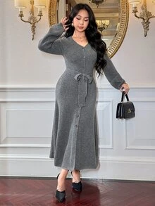 Modelyn Women's Minimalist Commuter Button Long Sleeve Sweater Dress - Dark Grey - View 1