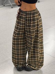 Nubod Plus Size American Vintage Brown Plaid Elastic Waist Wide Leg Casual Long Pants, Plus Size Pants - Multicolor - View 4