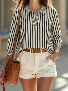Weeklong Plus Size Women's Striped Colorblock Casual Versatile Daily Wear Shirt - Multicolor - View 6