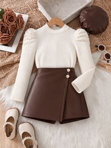 Tween Girls Elegant Brushed Ribbed Top & PU Leather Skort Outfit Set With Fashion Beret Hat For Fall - Apricot - View 4