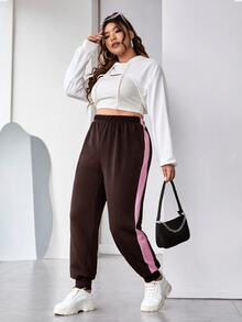 Muchica Plus Contrast Side Seam Sweatpants Graduation,Back To School Outfits,Graduation,Teacher Outfits For Women,Back To School - Chocolate Brown - View 10
