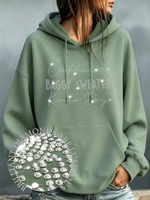 EMERY ROSE Plus Size Women's Letter Printed Hot Selling Draw Rope Sweatshirt Graduation, Back To School, Teacher Pullover Fall Winter Autumn - Olive Green - View 1