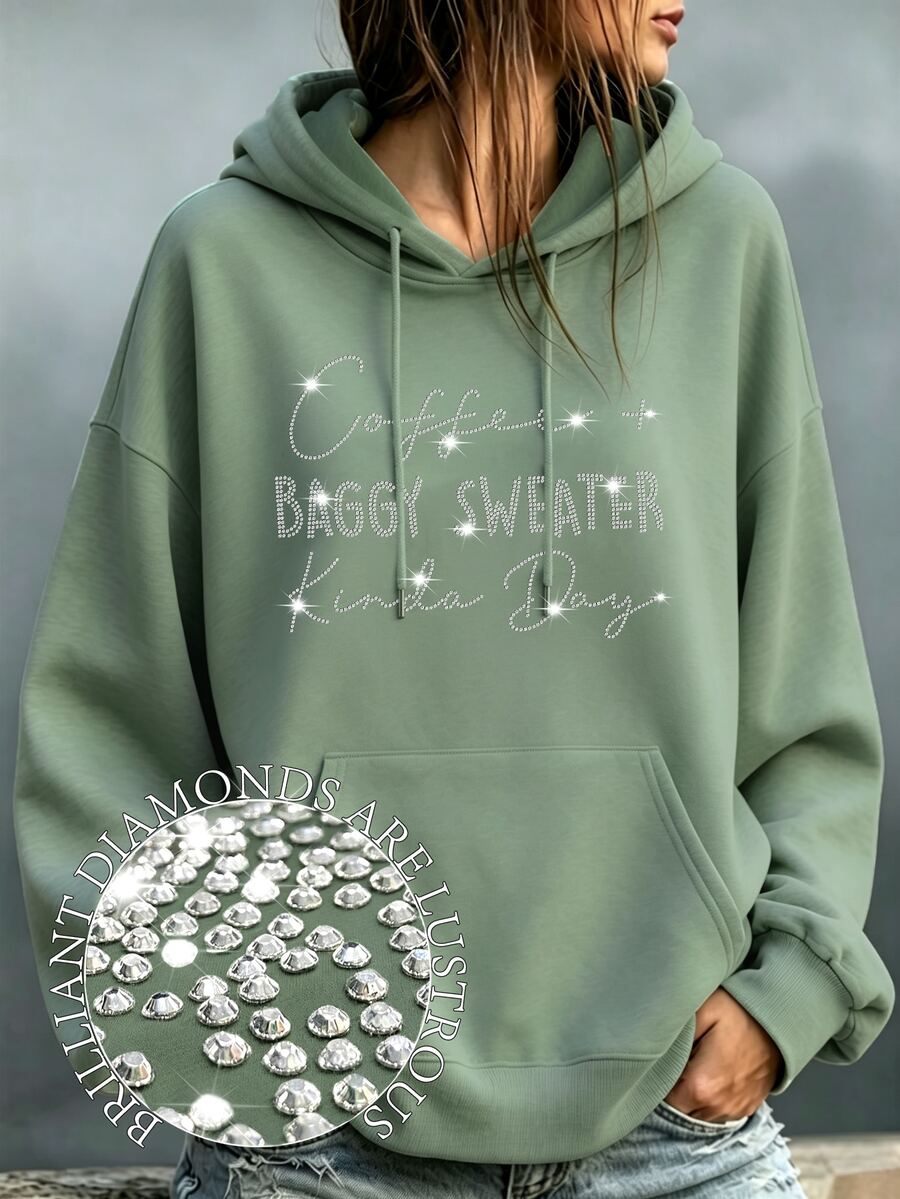 EMERY ROSE Plus Size Women's Letter Printed Hot Selling Draw Rope Sweatshirt Graduation, Back To School, Teacher Pullover Fall Winter Autumn - Olive Green - View 1