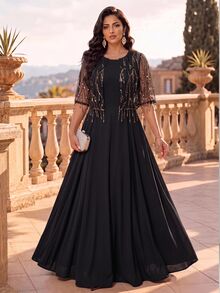 Auveirra Plus Size Women's 2pcs Set With Mesh Sequin Fringe Design Top And Pleated Design Skirt Formal Evening Party Black And Gold Black Social Set Christmas - Black - View 2