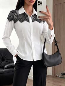 Graceveil Designer Lace Patchwork Long Sleeve Slim Fit Flattering Versatile Unique Women's Daily Commute Blouse - Black and White - View 3