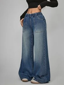 Jeanoix Plus Size Street Style Loose Fit Vacation Denim Jeans With Pockets - Blue - View 4