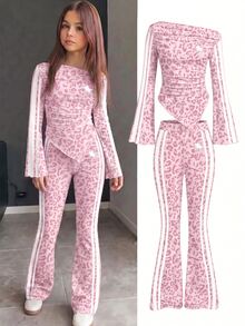 Tween Girls T-Shirt Set, Casual Minimalist Leopard Print, Suitable For All Seasons - White - View 1