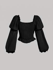 SHEIN Girlism 少女白色休閒百搭方領露肩百褶泡泡袖短版上衣，春/夏新品 - 黑色 - 查看 2