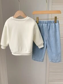 SHEIN 2件組 嬰兒男童/女童秋冬連帽衛衣與牛仔褲套裝 星星圖案水洗破洞牛仔兩件套 - 彩色 - 查看 2