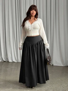 GalTyme Plus Size Women Solid Color Pleated Casual Daily Wear Skirt - Black - View 5