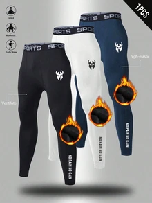 Acti Log Men Thermal Street Gym Compression Leggings, Minimal Bull Emblem, High Elastic Fleece Lined Full Length Workout Tights - Black - View 1
