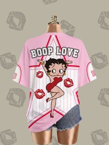 Betty Boop x SHEIN 大尺碼女款星星與字母印花圓領短袖休閒T恤 - 白色 - 查看 6