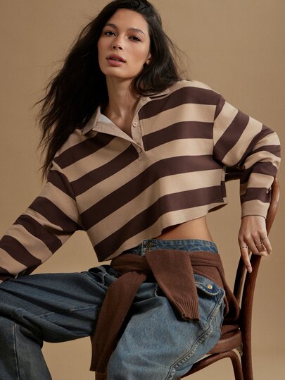 WESTFADE Crop Top Rugby Bergaris Lengan Panjang Ukuran Besar, Musim Gugur, Musim Dingin 2026, Pakaian Wanita Gaya Pedesaan, Gaya Koboi Wanita, Imut, Gaya Barat, Pakaian untuk Hari Thanksgiving
