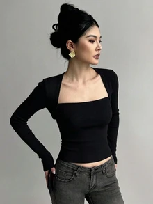 DAZY 極簡性感風 2 合 1 披肩袖長袖 T 恤，方領設計，顯鎖骨，修身版上衣 - 黑色 - 查看 5