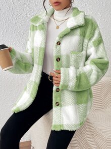 INAWLY Chaqueta de manga larga con botones delanteros y bolsillos con estampado de cuadros, talla grande, ropa de otoño/invierno para mujeres - Verde - Ver 4