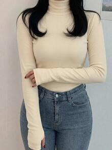 Dazy Plus Korean Style Autumn/Winter New High Neck Slim Fit Base Layer T-Shirt - Beige - View 6