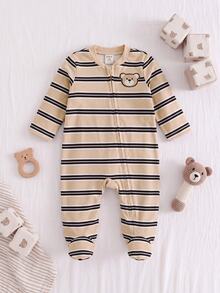 Newborn Baby Striped Knit Cartoon Bear Pattern Loungewear - Khaki - View 3