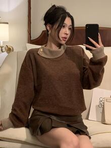 DAZY Women's Colorblock Casual Versatile Daily Wear T-Shirt - Camel - View 1