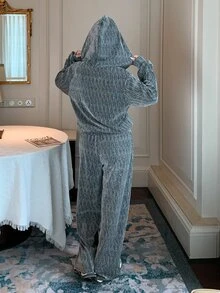 DAZY Women's Shiny Zipper Hooded Sweatshirt And Pants Casual 2 Pieces Set - Grey - View 7