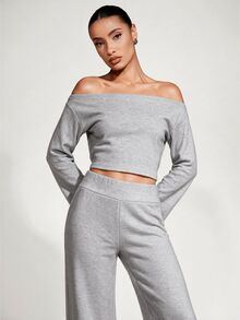 SHEIN BASICS Women's Sexy Shoulder Top And Solid Color Long Pants 2 Pieces Set - Grey - View 5