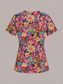 PopScrub Fun Abstract Floral Small Print Premium Women's Scrub Uniform Top - Multicolor - View 2