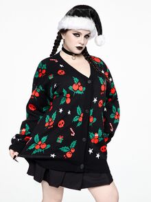ROMWE Plus Size Women Gothic Style Christmas Skull, Cherry, Gift Box, Candy Cane, Star Pattern Loose Casual Cardigan Sweater - Black - View 1