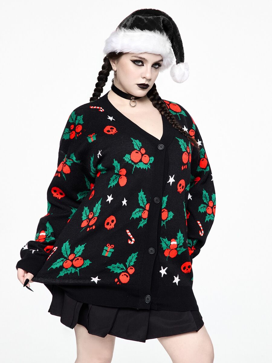 ROMWE Plus Size Women Gothic Style Christmas Skull, Cherry, Gift Box, Candy Cane, Star Pattern Loose Casual Cardigan Sweater - Black - View 1