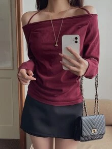 DAZY Solid Color Fitted Pleated Halter Neck Straight Neckline Elegant Vacation Korean Style Autumn/Winter Women's Sweater - Burgundy - View 2