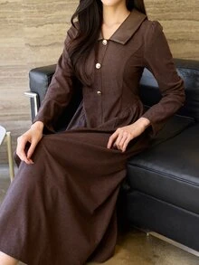DAZY Women's Slim Fit Elegant Corduroy Mid-Length Dress - Brown - View 7