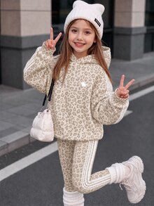 復古時尚燕麥色豹紋對比條紋，少女休閒寬鬆連帽長袖衛衣與修身長褲2件套，適合秋冬日常、外出、校園、運動、返校 - 彩色 - 查看 1