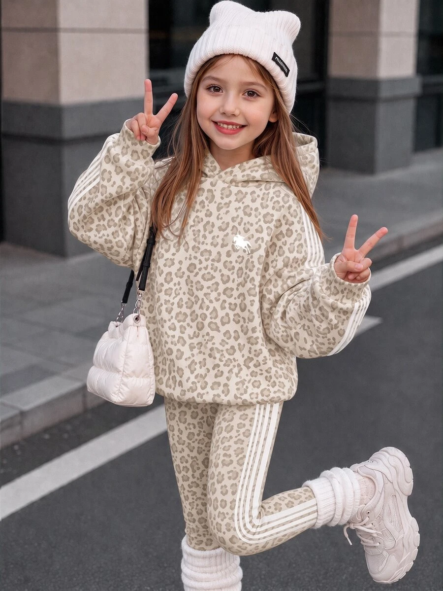 復古時尚燕麥色豹紋對比條紋，少女休閒寬鬆連帽長袖衛衣與修身長褲2件套，適合秋冬日常、外出、校園、運動、返校 - 彩色 - 查看 1