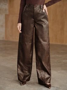 Anewsta Autumn Cool Modern Style Commute Vacation Leather Long Pants Niche Split Hem Dark Brown Straight Leg Women's Leather Pants - Brown - View 3