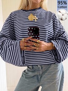 SHEIN EZwear Women's Minimalist Korean Style Striped Colorblock T-Shirt For Daily Wear - Blue - View 1