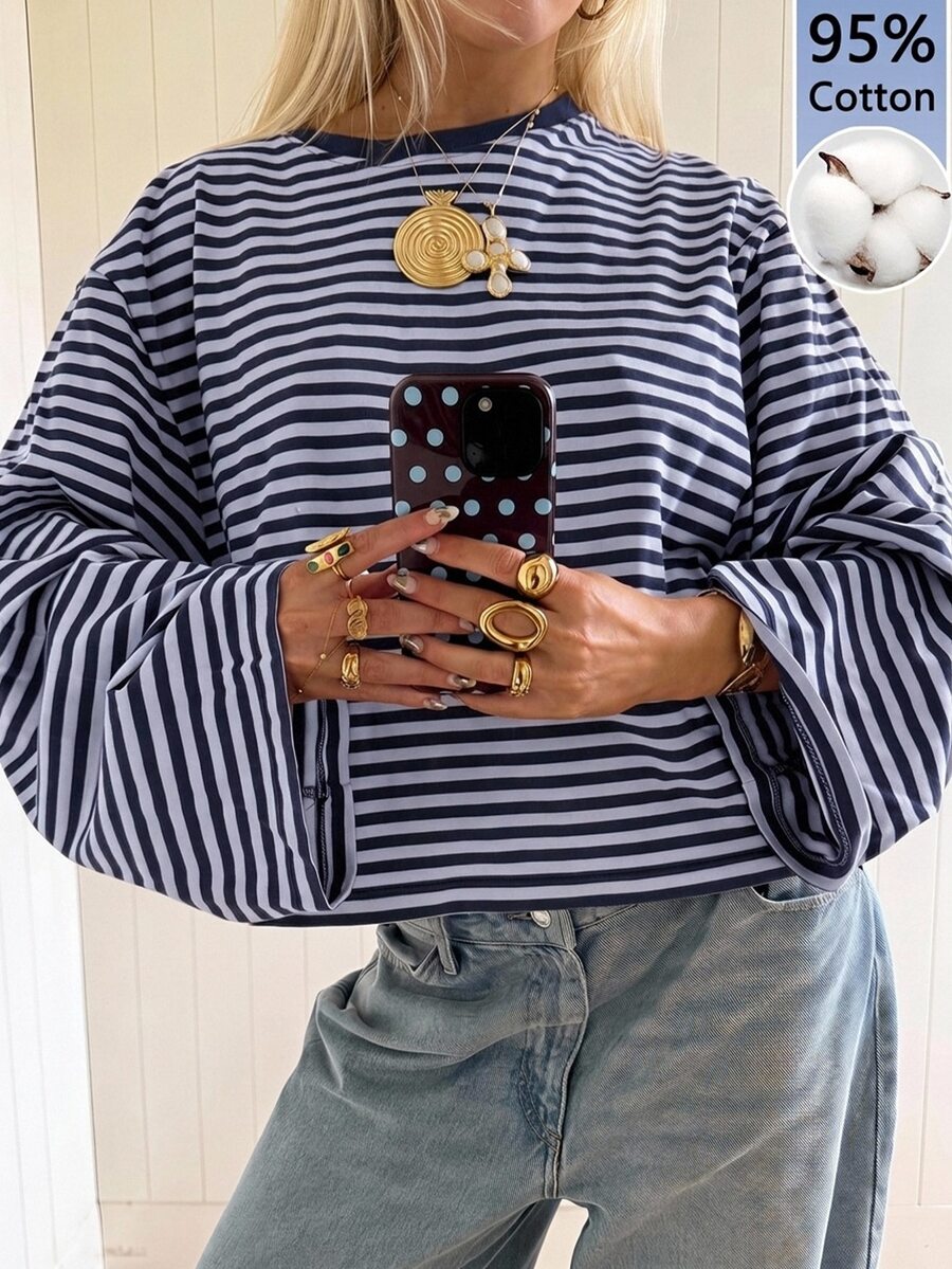 SHEIN EZwear Women's Minimalist Korean Style Striped Colorblock T-Shirt For Daily Wear - Blue - View 1
