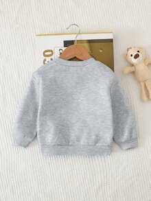 SHEIN بلوزة رياضية صوفية طويلة الأكمام برقبة دائرية بتصميم حيوانات كرتونية لطيفة للأطفال الذكور/الإناث - رمادي - مشاهدة 2