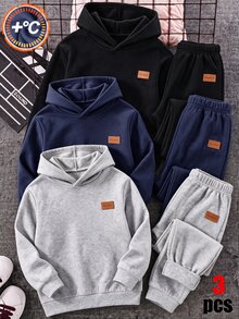 SHEIN 3件組兒童青少年男孩休閒多功能運動長褲，麻灰色運動褲、海軍藍運動褲、黑色運動褲，加厚內裡，適合通勤、上學、日常休閒、戶外運動，秋冬保暖內裡長褲 - 彩色 - 查看 1
