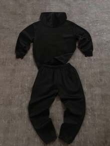 SHEIN 兒童 2 件組青少年男孩新款 Y2K 哥德風深色英文字母運動風連帽衛衣與運動長褲套裝，適合秋冬、返校、舒適、家庭聚會、生日派對、攝影、度假、假日、運動 - 黑色 - 查看 2