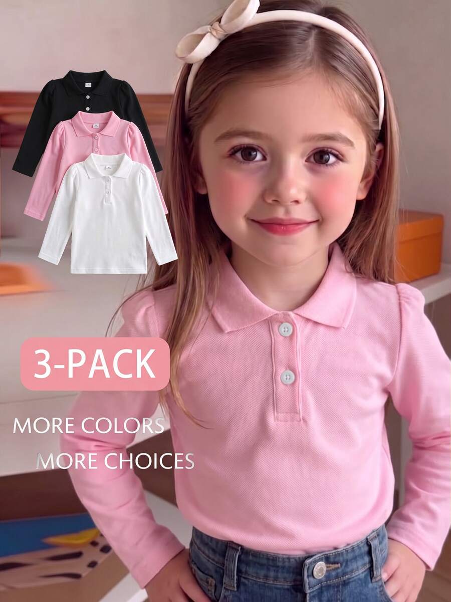 Elladie kids 女童白色3件組長袖 Polo 衫,精緻愛心鈕扣,長袖 T 恤,基本純色修身 T 恤,適合返校季 - 彩色 - 查看 1