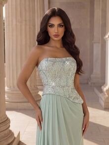 Coutiva Women's Sequin Ruched Elegant Formal Waist-Cinched Strapless Evening Prom Graduation Dress Sage Green Fall New Year Luxury Prom Dresses - Dusty Blue - View 9