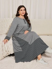 Lacomfia Plus Size Women's Loose Casual Round Neck Long Sleeve Patchwork Striped Knit Long Dress, Autumn - Grey - View 3